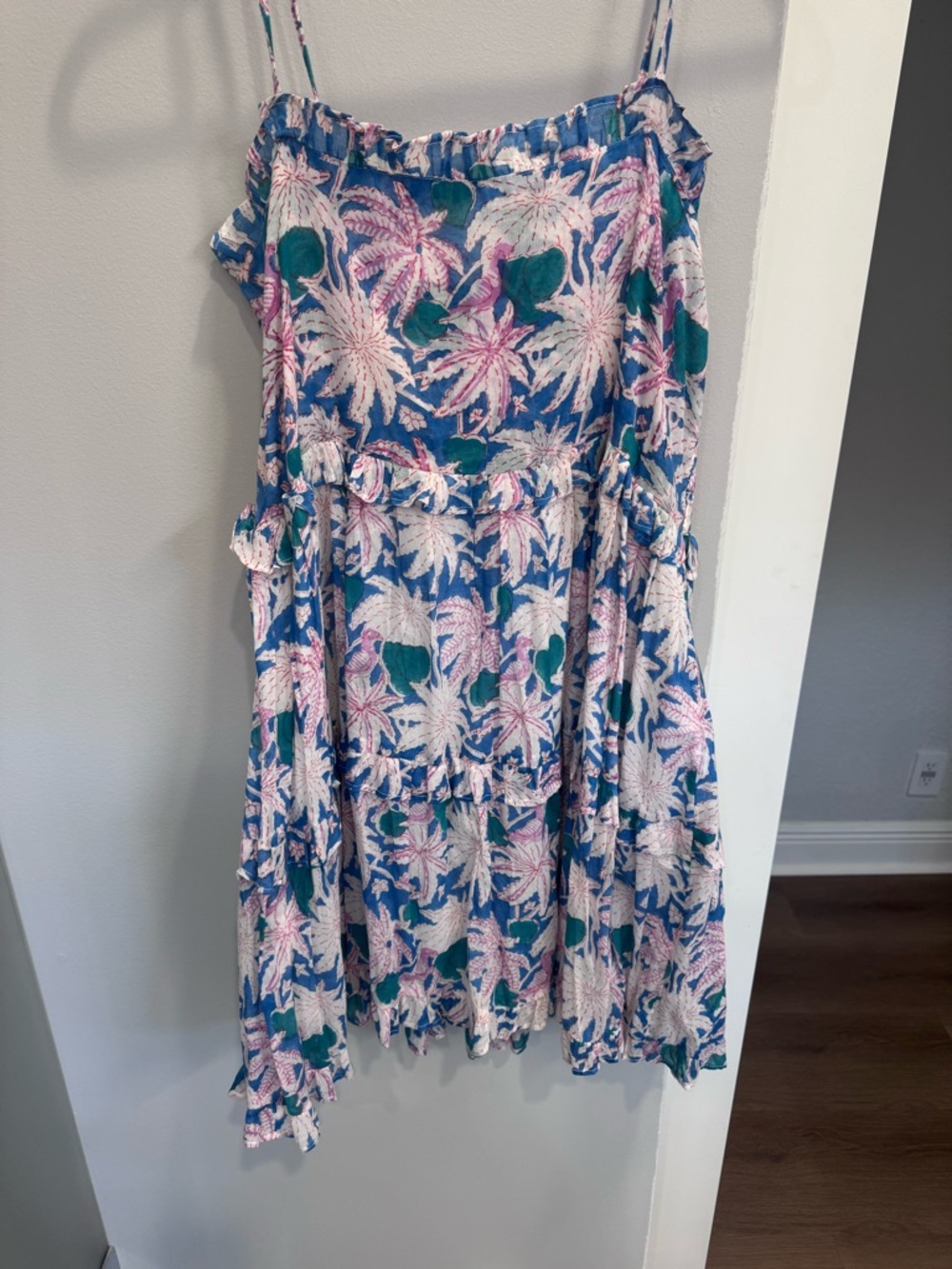 Oliphant Blue Floral Mini Dress with Pink and Green Accents